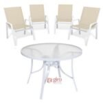 Conjunto Summer Alumínio Branco - Mesa Redonda + 4 Cadeiras Tela Sling Bege