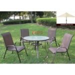 Conjunto Summer Alumínio Marrom - Mesa Redonda + 4 Cadeiras Tela Sling + Ombrelone