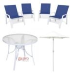 Conjunto Summer Alumínio - Mesa Redonda Branca + 4 Cadeiras Tela Sling Azul Escuro + Ombrelone