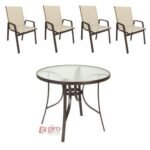 Conjunto Summer Alumínio - Mesa Redonda Marrom + 4 Cadeiras Tela Sling Bege