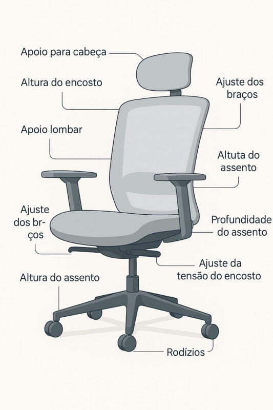 Infográfico mostrando os principais ajustes ergonômicos de uma cadeira de escritório ideal, como altura do assento e apoio lombar.